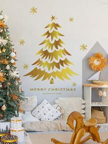 1/2/3pcs Christmas Wall Stickers, Christmas Elements Gold Christmas Tree Wall Stickers, Living Room Bedroom Home Holiday Decorative Wall Stickers, Self-Adhesive And Removable, No Electricity Required.Perfect Christmas Gift For Lovers, Parents And Friends. ﻿