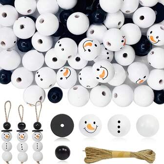50 st. julpärlor i trä, snögubbe, polerat rustikt bondgårdspyssel med 32,8 fot rep för jul, gör-det-själv-pyssel, träpärlor för presenter, heminredning, juldekorationer, rumsdekoration, juldekorationer, hem, julklappar, juldekoration