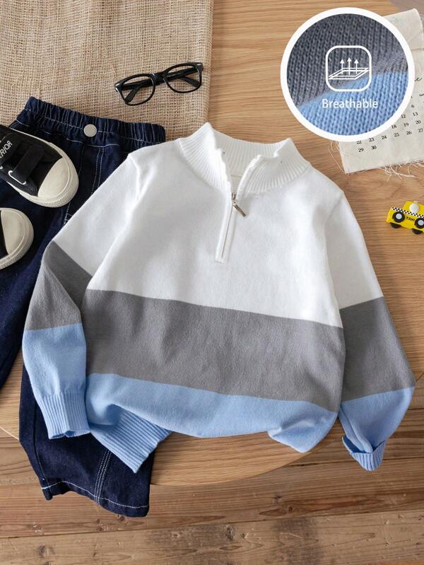 1pc Young Boy School Style Half Zip Striped Lightweight Knit Sweater, Suitable For School, Casual Wear, Autumn