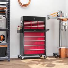HOMCOM 2 In 1 Rolling Tool Cabinet On Wheels With 14 Drawers, Pegboard And Side Rack, Lockable Top Tool Chest And Roller Cabinet Combo For Workshop And Home, Red - 紅色 - 查看 1
