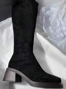 2025 秋冬粗跟方头纯色弹力修身过膝长靴 - 黑色 - 查看 5