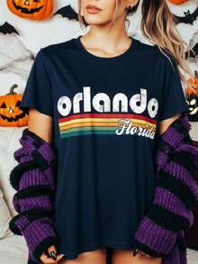Orlando Florida Vintage 70's 80's Retro Style Wo -Shirt220g High-Quality Cotton -Shirt With Minimalist Printing,Soft And Breathable Fabric,Comfortable And Loose,Suitable All Day Wear,Suitable Office Casual Wear,Spring And Summer Daily Appearance,Elegant And Youthful Design Ropa De Hombre Suitable Summer Wear, Printed Pattern Short Sleeves, Ladies' Tops, And Printed Short Sleeves.Printed Shirts, Ladies' Tops, Printed Short-Sleeve One-Piece Shirts - 黑色5 - 查看 1