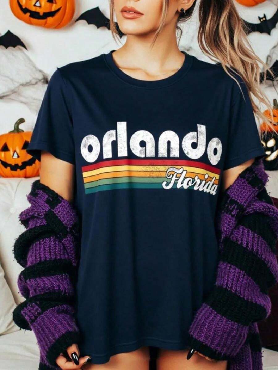 Orlando Florida Vintage 70's 80's Retro Style Wo -Shirt220g High-Quality Cotton -Shirt With Minimalist Printing,Soft And Breathable Fabric,Comfortable And Loose,Suitable All Day Wear,Suitable Office Casual Wear,Spring And Summer Daily Appearance,Elegant And Youthful Design Ropa De Hombre Suitable Summer Wear, Printed Pattern Short Sleeves, Ladies' Tops, And Printed Short Sleeves.Printed Shirts, Ladies' Tops, Printed Short-Sleeve One-Piece Shirts - 黑色5 - 查看 1