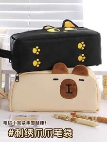 حقيبة قلم رصاص سعة كبيرة مطرزة بقطة سوداء ثلاثية الأبعاد لطيفة، حقيبة تخزين محمولة باليد مناسبة لأدوات المدرسة