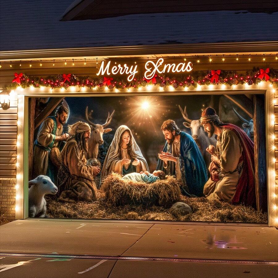 1pc Large Nativity Scene Banner, Nativity Scene Garage Door Banner - Large Polyester Tapestry With Mary And Joseph Outdoor Christmas Decoration, Suitable For Holiday And Party Atmosphere, Shepherds, New Year, Indoor Decor - Multicolor - View 1