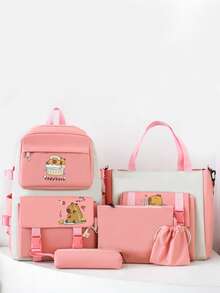 5件套时尚百搭可爱水豚图案大容量背包、单肩包、斜挎包、手拿包、钱包 - 彩色 - 查看 9