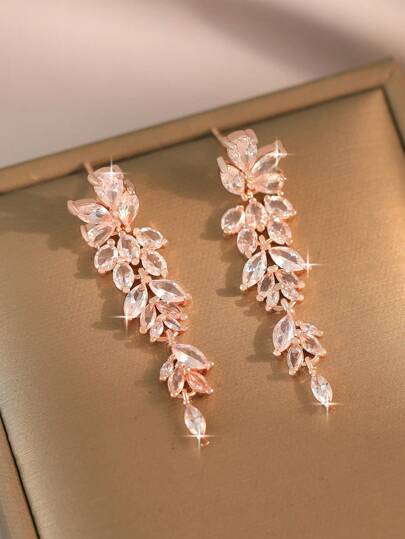 1pair Elegant Temperament Water Drop Leaf Shaped Long Earrings Various Festivals Holiday, Travel For Women Girl Copper Cubic Zirconia Gift Jewelry