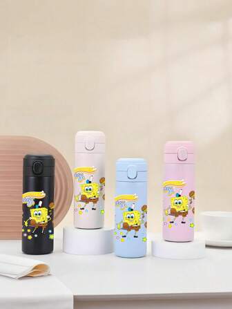  1Pc SpongeBob Sports Insulated Stainless Steel Sports Water Bottle Cute Cartoon Characters 14oz (420ml) For Outdoor Activities Camping, Driving, Birthday Gift, Christmas Gift For Men And Women Fitness Lovers (The Color Of The Lid Button May Be Random)