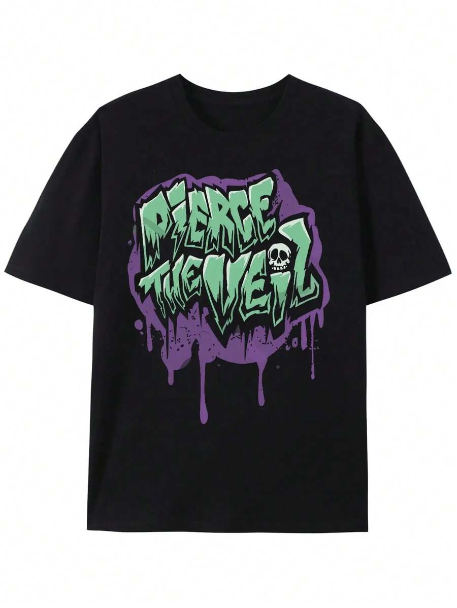 Camiseta impresa PIERCING THE VEIL, moda masculina, cuello redondo, tops casuales de verano, deportivos, de algodón, cómodos, suaves, tela absorbente de sudor, modelos universales para hombres altos - Negro - Ver 1
