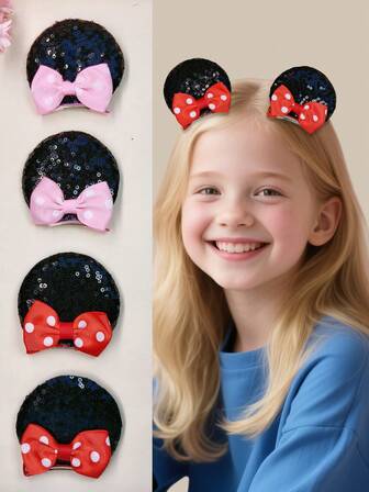 1 Pair Cute Big Ear Bow Hair Clips, Glitterbowknotw Hair Accessories For Girls, Red Bow & Ear Design, Suitable For Casual, Dance, Party