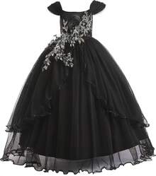 Vintage-Inspired Off-The-Shoulder Gown For Teens - Lace Embroidered Formal Dress For Pageant, Wedding Guest & Holiday Ball - 經典黑 - 查看 1