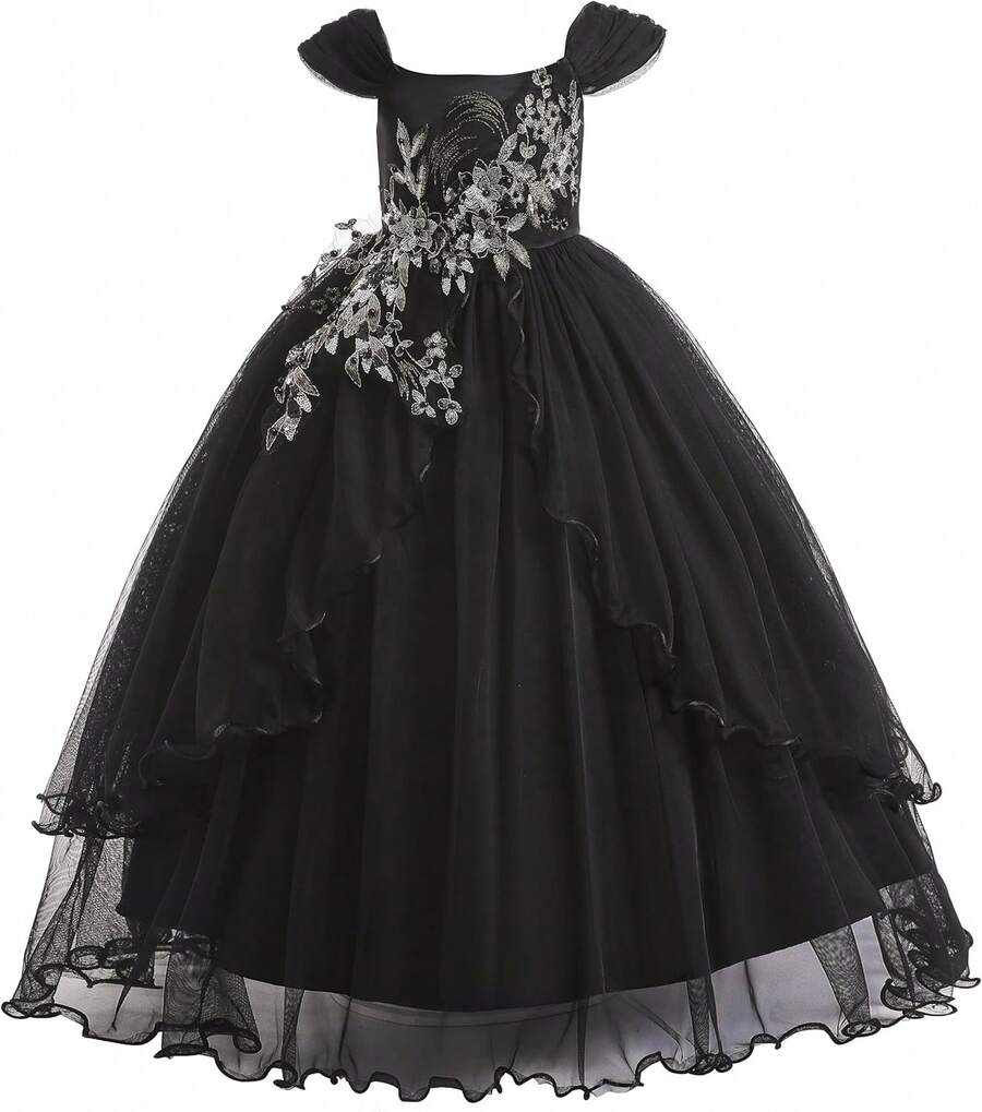 Vintage-Inspired Off-The-Shoulder Gown For Teens - Lace Embroidered Formal Dress For Pageant, Wedding Guest & Holiday Ball - 經典黑 - 查看 1