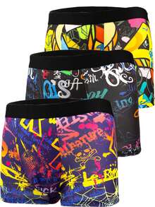 3pcs Men's Short Boxer Briefs, Digital Print Underwear With Spandex, Suitable For Sports, Boxing, Cycling, Cartoon Fashionable Pattern Short Boxer Briefs, Breathable Comfortable High Elasticity Trunks