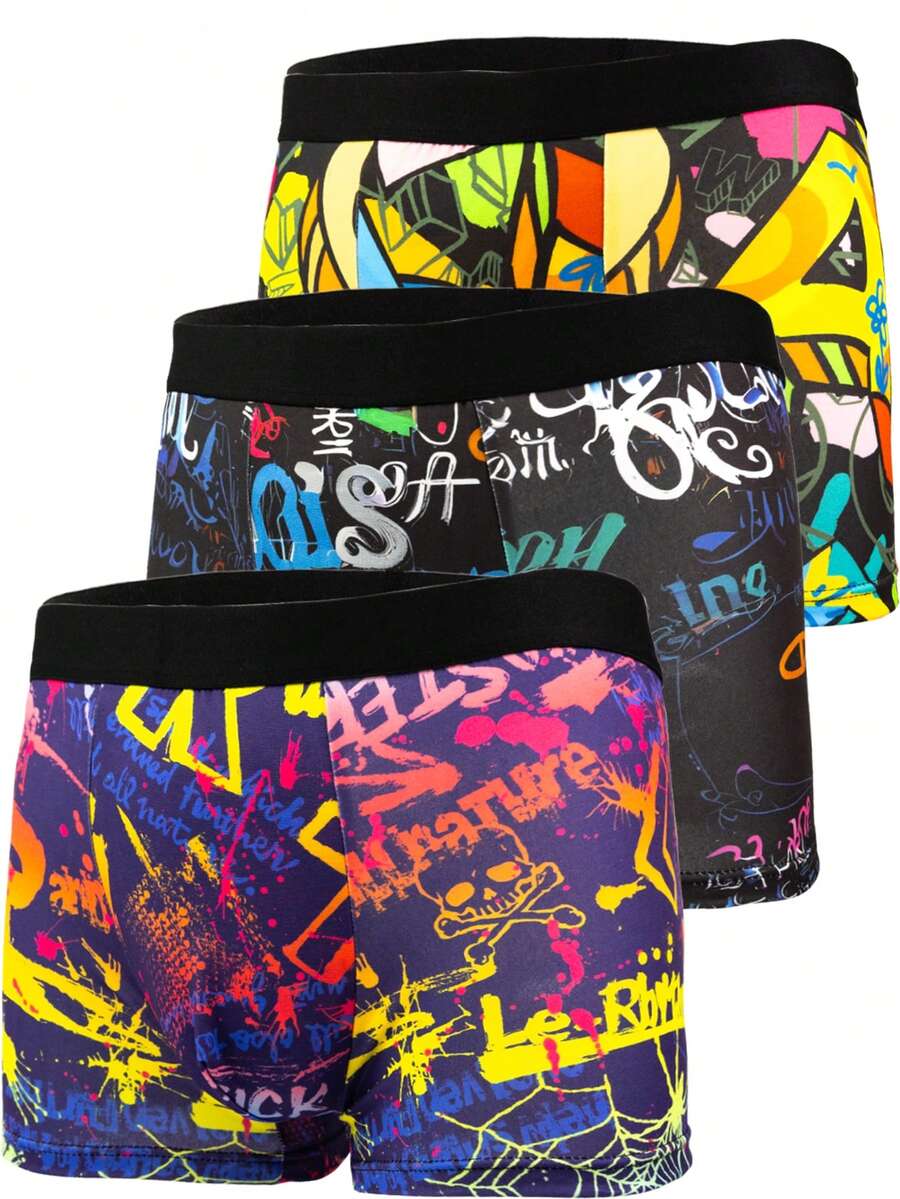 3pcs Men's Short Boxer Briefs, Digital Print Underwear With Spandex, Suitable For Sports, Boxing, Cycling, Cartoon Fashionable Pattern Short Boxer Briefs, Breathable Comfortable High Elasticity Trunks
