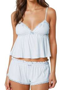 Women's Summer Pajamas Set Stylish Embroidery Lace Trim Camisole Tops With Shorts Lounge Wear 2 Pcs Set - 藍色 - 查看 1