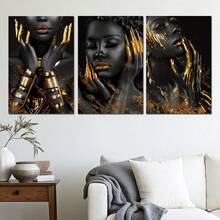 3 pièces Peinture moderne noir et or Femmes afro-américaines Toiles murales Affiches Portrait de reine noire Or Mode Image féminine exquise avec cadre Utilisé pour la décoration murale