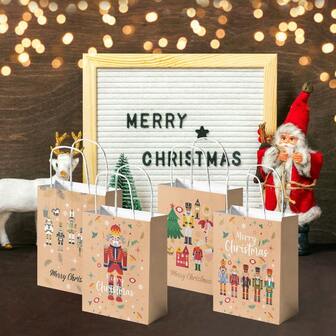 12/24 st - Återanvändbara ljusbruna presentpåsar med nötknäppartema och handtag, medelstora festpåsar för födelsedagar, 20,6 x 15,6 x 6,8 tum, lämpliga för presenter, högtidspresenter, alla hjärtans dag, mors dag, examen