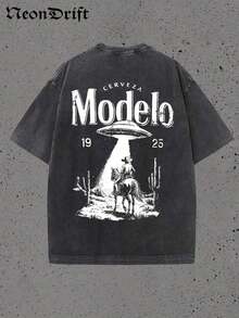 Modelo UFO Cowboy Graphic-Shirt – 230g Heavyweight Vintage Washed Cotton Retro Streetwear Tee With Cerveza Modelo Letter Print, UFO Western Cowboy Desert Scene Design, Y2K Oversized Casual Short Sleeve Men's Summer Fashion - 黑色 - 查看 2