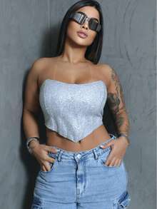 Cropped Corset With Ribs And Shiny Strapless | Ties At The Back Fashion 2025 Summer/Carnival/Party - Silver - View 4