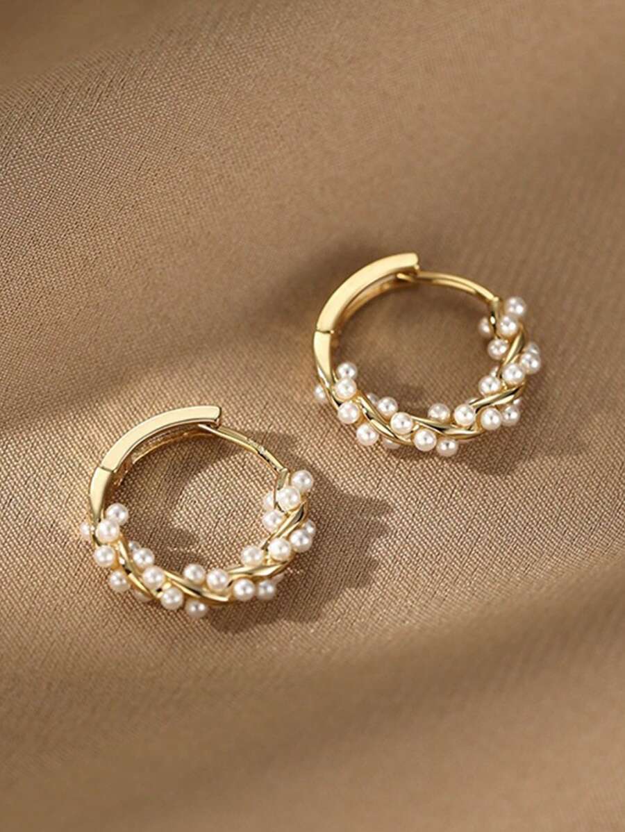 1 Pair Fashionable, Elegant, Minimalist & Versatile Pearl Earrings - Yellow Gold - View 1