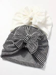 2pcs Striped Bow Baby Hat, Suitable For Daily Use, Fits 0-2 Years Old - Multicolor - View 3