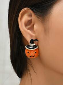 1 Pair Fashionable Alloy Drip Oil Witch Hat & Pumpkin Earrings, Funny Halloween Ghost Earrings, Cross-Border Jewelry
