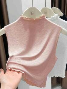 1pc Women's Slim Fit Sleeveless Knit Top With Double Ruffle Hem & Detachable Collar