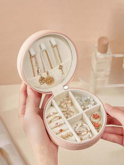 1 pieza Caja de joyería de viaje redonda, caja de almacenamiento de joyas portátil de PU, organizador de joyas, caja de almacenamiento de joyas con cremallera para anillos, aretes, collares y otros accesorios, artículos esenciales de viaje, artículos esenciales de crucero, regalos de Pascua, regalos del Día de la Madre, regalos del Día de San Valentín.