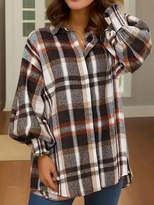 Plus Size Women Elegant Shirt Jacket - Button Front Plaid Lantern Sleeve Loose Version - Office Casual Top, Checkered Pattern Blouse Spring - Multicolor - View 6