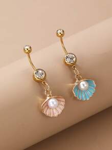 1pc Women's Rhinestone Seashell Heart Butterfly Navel Ring, Sexy Sweet Body Jewelry - Multicolor - View 2