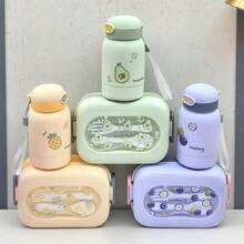 1-Piece Bento Box With Straw And Water Bottle Set, Plastic Sports Water Bottle With Straw Cup, Large Capacity Lunch Box With Cute Animal Cartoon Pattern, Lunch Boxes, Back To School, Christmas, Food, School Supplies, Holiday Essentials, Bento Boxes, School Lunch Boxes, Christmas Gifts, Travel Essentials, Camping, School, Snack Boxes - Multicolor - View 4