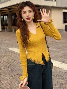 Soft Cashmere Sweetheart Spring New Long Sleeve Versatile Knit Top - Yellow - View 2
