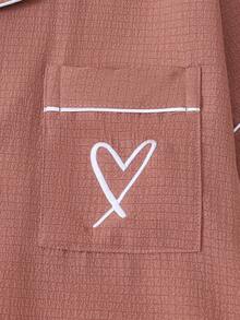 2pcs Women's Solid Color Summer Trim Contrast Collar Pocket Heart Graphic Short Sleeve Button Top And Bow Shorts Pajama Loungewear Set, Suitable For Home Use - Hot Pink - View 4