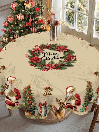1件复古布艺圣诞桌布，圣诞老人树花环图案，圆形/方形可选，适用于家居装饰、厨房装饰、房间装饰、圣诞桌布/桌裙、圣诞饰品、圣诞派对、圣诞礼物、圣诞派对小礼物、平安夜装饰、2026新年装饰