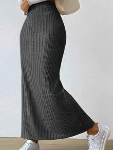 Plus Size Long Rib-Knit Pencil Skirt With Split Thigh Slight Stretch Knitted Fabric - Grey - View 3