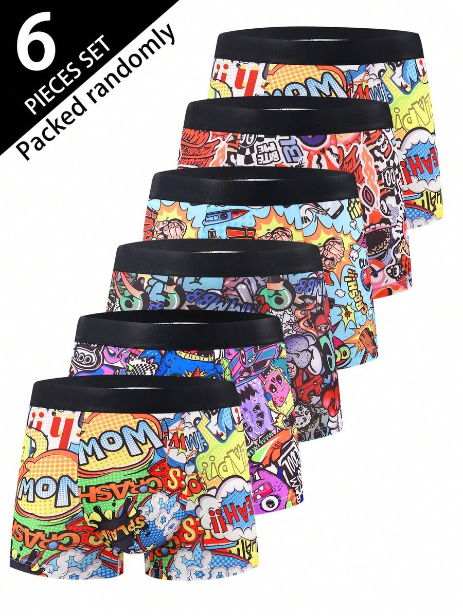 6 piezas de bóxer tipo brief para hombres con estampado aleatorio de graffiti, ropa interior gráfica, adecuada para Navidad