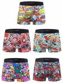 6 piezas de bóxer tipo brief para hombres con estampado aleatorio de graffiti, ropa interior gráfica, adecuada para Navidad