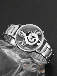 2pcs/Set Women's Hollow Music Note Dial Quartz Watch With Steel Band + Heart Shaped Bracelet, Watch Box Not Included - Silver - View 7