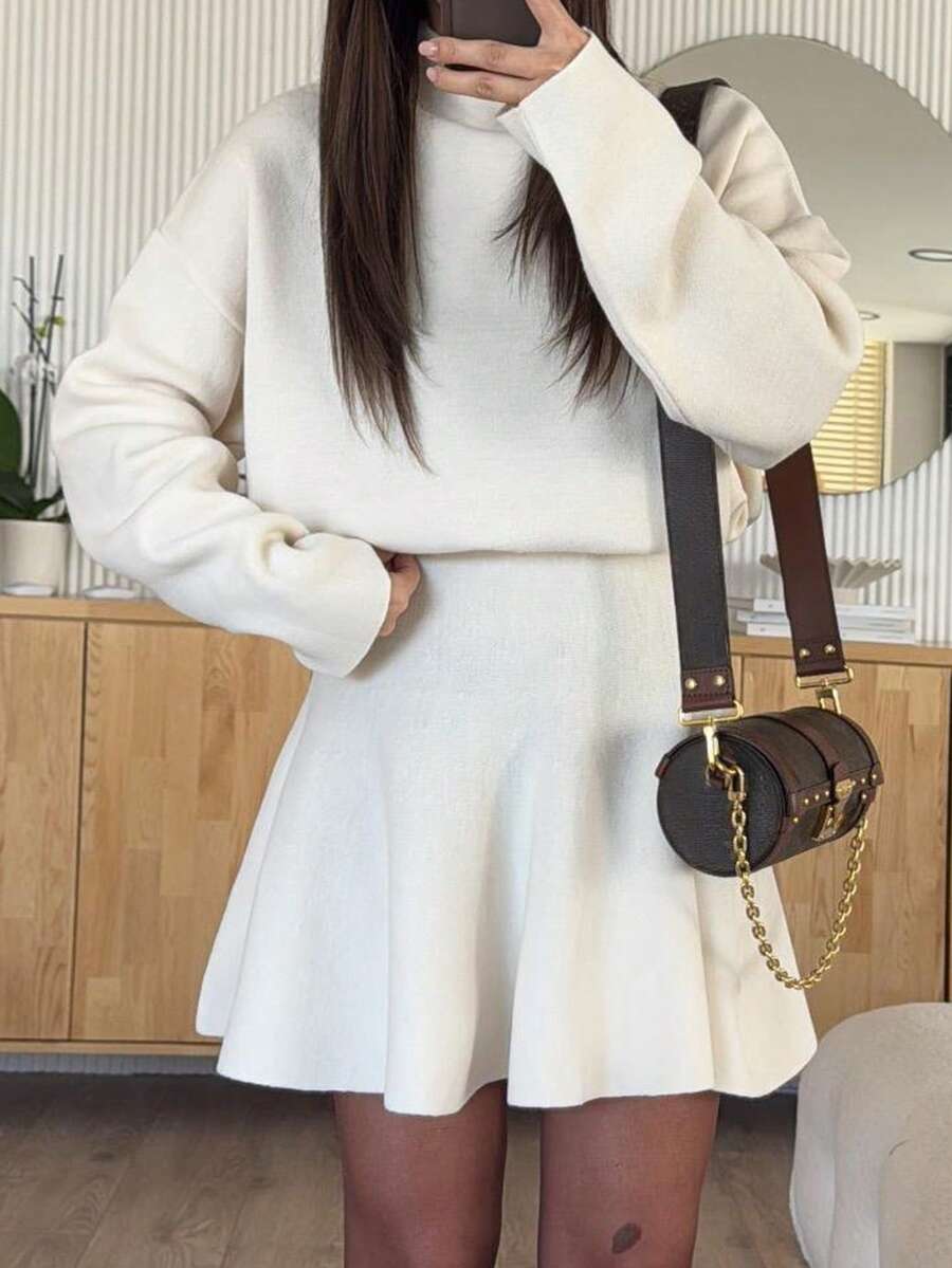 PoPoHouse Women's Autumn/Winter Stand Collar Long Sleeve Knit Dress, Gentle Elegant High Waist A-Line Short Style, Suitable For Daily Commute - White - View 1