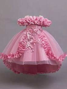 Vestido elegante de niña pequeña sin mangas con aplicación floral de tul para fiesta, cumpleaños, boda, sin diadema - Rosa vieja - Ver 4
