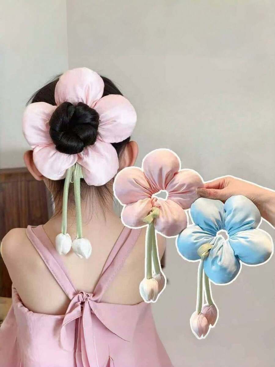Girls' Dopamine Color Satin 3D Elegant Sponge Flower Hair Ties,Oversized Curly Hair Ties,Chic Bun Holder,Daily Hair Accessories Scrunchies