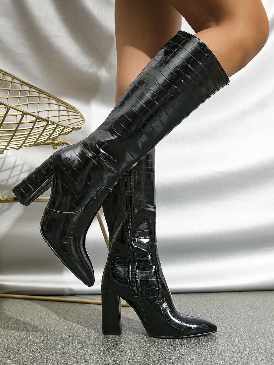 1 Pair Women's New Black Crocodile Embossed Ankle Boots, Sexy Business Party Workwear Style, Faux Leather Side Zipper Chunky Heel Pointed Toe High Boots, Fashion Autumn/Winter - Black - View 1