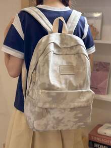 Mochila de gran capacidad con estampado de letras de unicolor y teñido anudado, mochila escolar - Beis - Ver 12