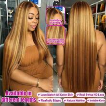 蜜金色真人混纺假发，200%密度，13x6/13x4高清蕾丝前假发，预先拔毛渐变色蕾丝前假发，女士直发，无需胶水，自然发际线带婴儿绒毛，30英寸 - S4/27 - 查看 4