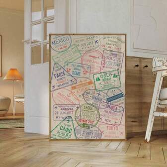 1pc Passport Stamps Wall Arts Picture Retro Travel Canvas Prints Paintings World City Posters Cool Decor No Frame