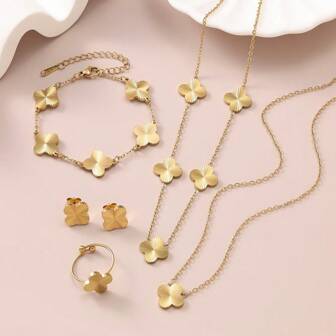 1 Set Minimalist Asymmetrical Striped Four-Leaf Flower Necklace, Stainless Steel Earrings, Bracelet And Ring Jewelry Set For Women, Suitable For Daily Wear, Commuting Or Gifting To Friends