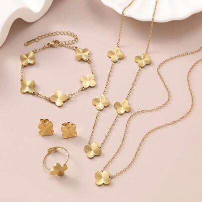 1 Set Minimalist Asymmetrical Striped Four-Leaf Flower Necklace, Stainless Steel Earrings, Bracelet And Ring Jewelry Set For Women, Suitable For Daily Wear, Commuting Or Gifting To Friends