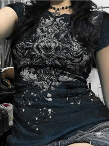 Women Vintage Graphic Print Tee Short Sleeve T-Shirts Y2K Fairy Grunge Round Neck Shirts Summer Gothic Slim Fit Crop Tops 2000s Aesthetic E-Girls Shirt Retro Streetwear - 黑色 - 查看 2