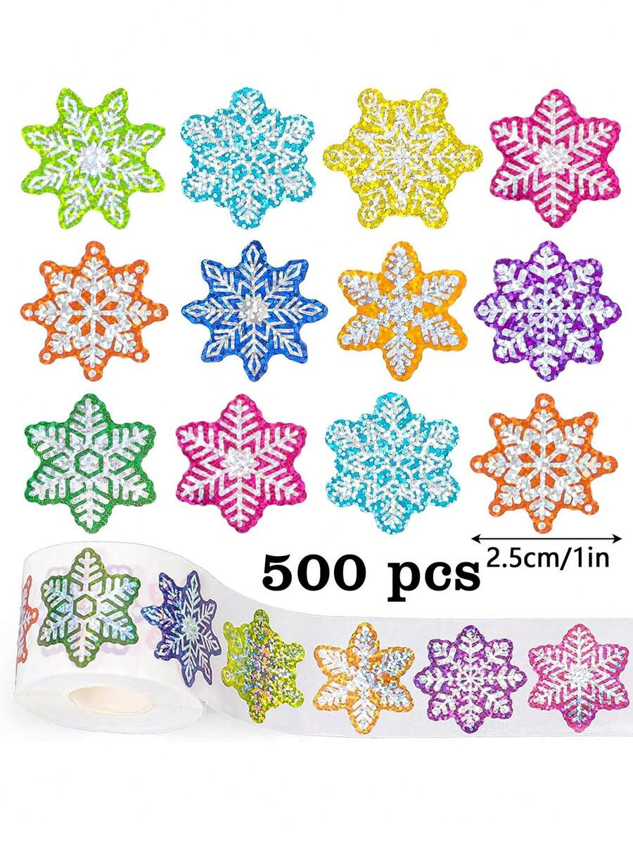 500pcs Holographic Colorful Snowflake Doodle Roll Stickers, 1 Inch, 11 Asymmetrical Cartoon Snowflake Patterns, Christmas New Year Holiday Party Decoration, Gift, Card, Wedding, Festival Party, Present, Envelope, Card DIY Decoration, Shiny Label Stickers, PVC Self-Adhesive Stickers - Laser Colored Snowflakes - View 1