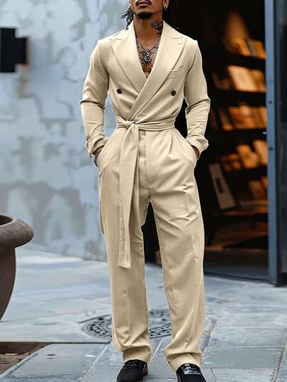 INCERUN Fashion Mens Lapel Neck Long Sleeve Buttons Wide Legs Casual Long Rompers Office Work Jumpsuits